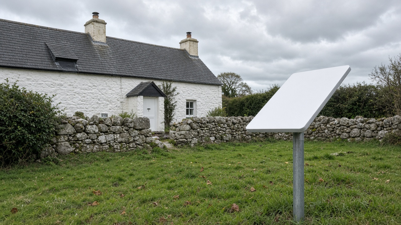 Starlink dish on a pole in a cottage garden
