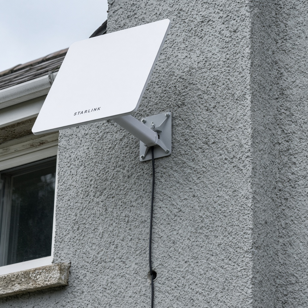 Starlink dish on a wall bracket with the cable run down the wall